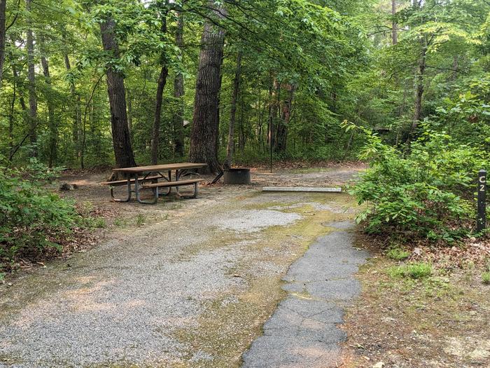 Paved parking space, picnic table, and fire ring in a shaded forest campsiteCampsite C2