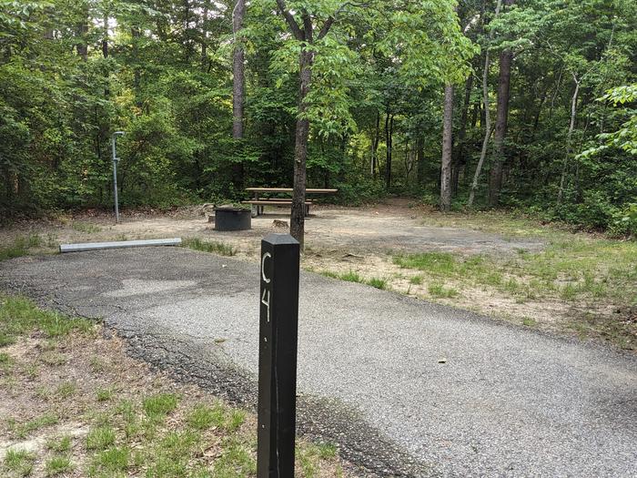 Paved parking space, picnic table, and fire ring in a shaded forest campsiteCampsite C4