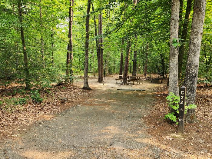 Paved parking space, picnic table, and fire ring in a shaded forest campsiteCampsite C22