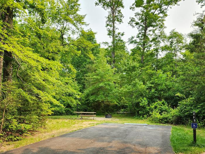Wide paved handicapped parking space, picnic table, and fire ring in a sunny forest campsiteCampsite C33