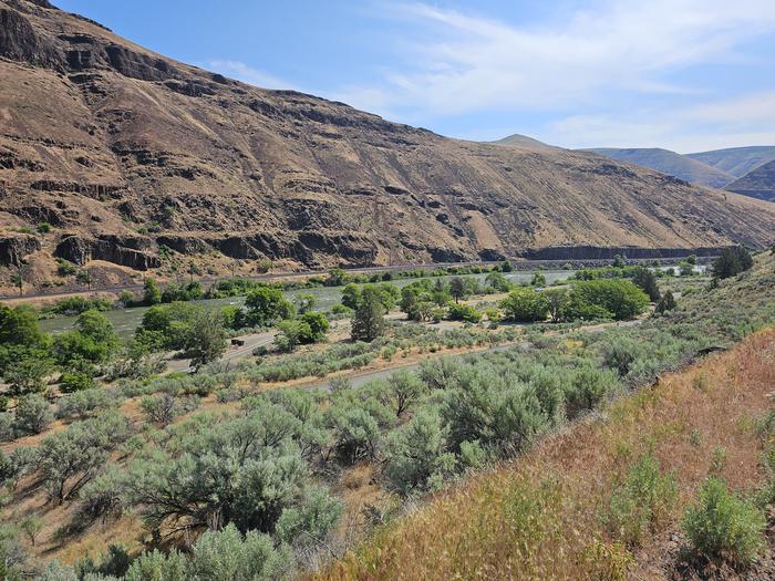 View of Beavertail Campground with the Deschutes River.