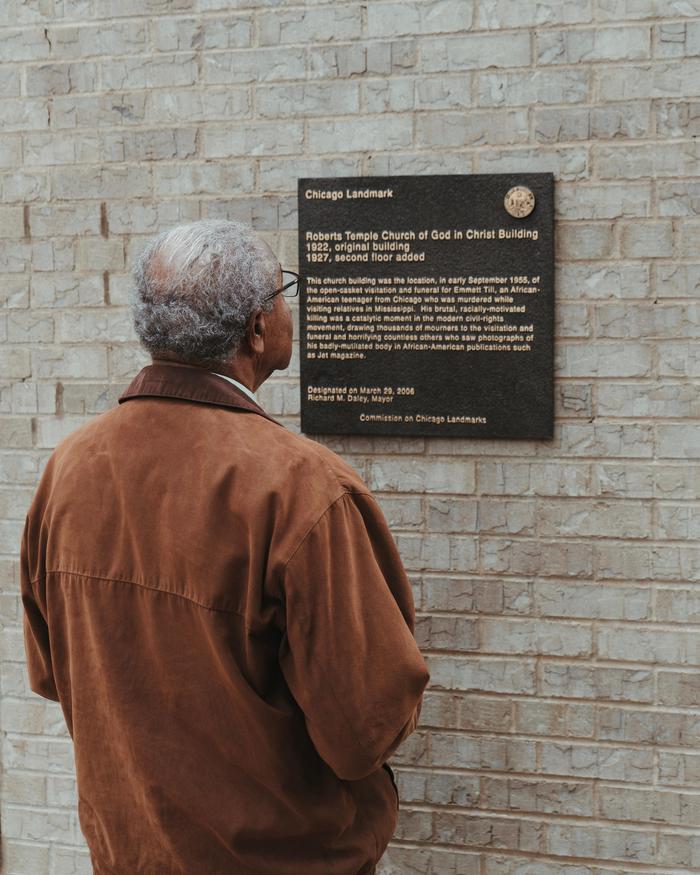 Reverend Wheeler Parker Jr.Reverend Wheeler Parker Jr., cousin and last living witness of Emmett Till’s kidnapping, viewing Chicago Landmark plaque on Roberts Temple Church of God in Christ.