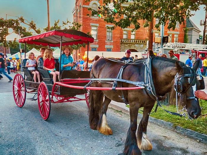 A single horse pulls a carriage loaded with 4 peoplePioneer Nights offers plenty of activities for visitors to Carbondale
