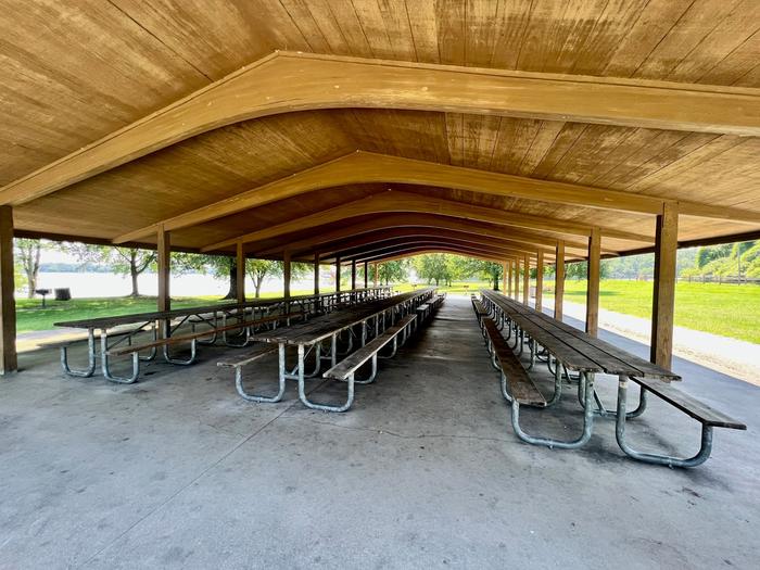 Inside of Picnic Shelter at Old Hickory Beach Day UseSeating Inside Shelter (Picnic Tables) Can Accommodate Up to 100 Visitors