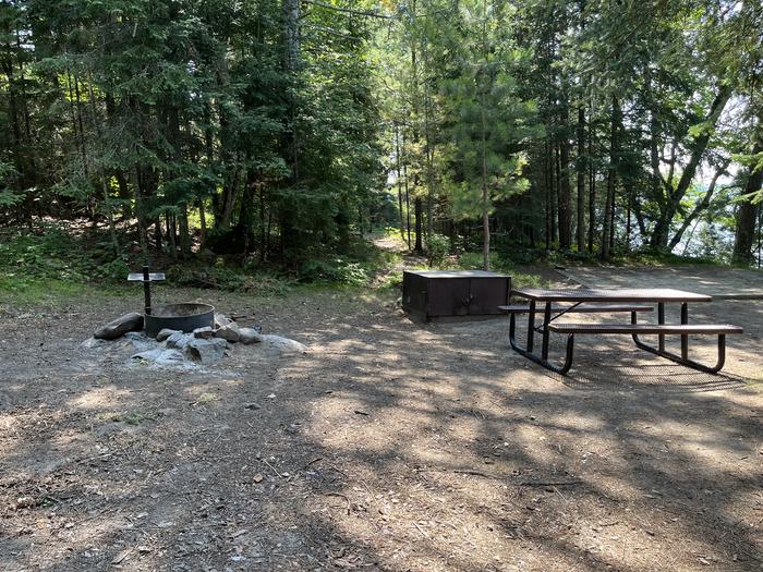 View looking into campsite core area of the fire ring, picnic table, bear locker, and a tent pad.View of campsite core