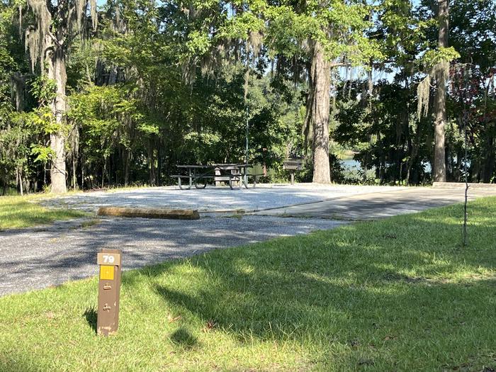 A photo of Site 79 of Loop CLOO at BLUFF CREEK with Picnic Table, Electricity Hookup, Sewer Hookup, Fire Pit, Shade, Food Storage, Tent Pad, Full Hookup, Waterfront, Lantern Pole, Water Hookup