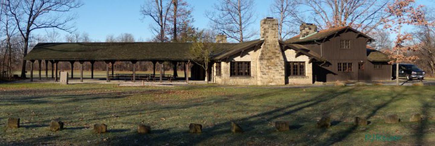 The exterior of the Ledges Shelter, viewed from the east.