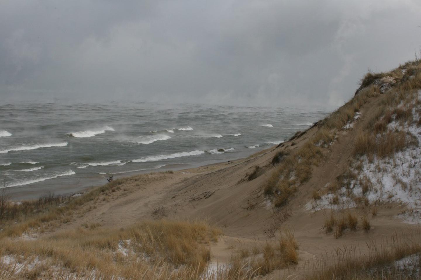 Winter Waves at Central Beach under a Gray Sky. Campsites are closed in winter.Winter Waves at Central Beach. Campsites are closed in winter.