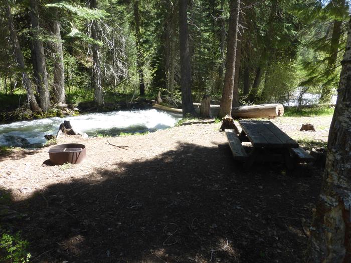 Camp site with picnic table, fire ring, and tent pad next to the North Fork of Catherine Creek in the spring runoff.