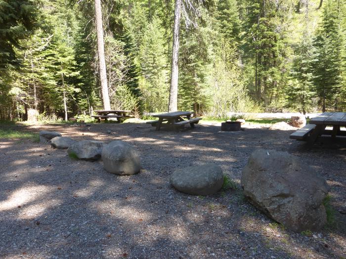 View from the parking area of picnic tables and fire ring with the North Fork of Catherine Creek during spring runoff in the background.
