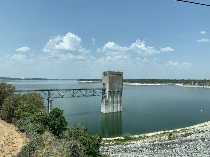 Belton Lake Dam Structure surrounded by blue water in the lakeBelton Lake Dam Structure