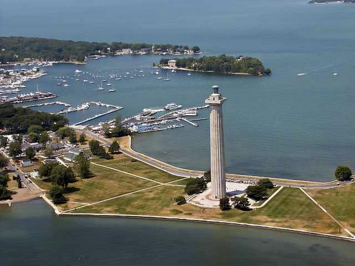 Aerial shot of Perry's Victory & International Peace Memorial and Lake Erie