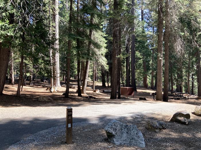 A photo of Site 119 of Loop AREA SUNSET-UNION VALLEY at SUNSET-UNION VALLEY with Picnic Table, Fire Pit, Shade, Food Storage, Tent Pad