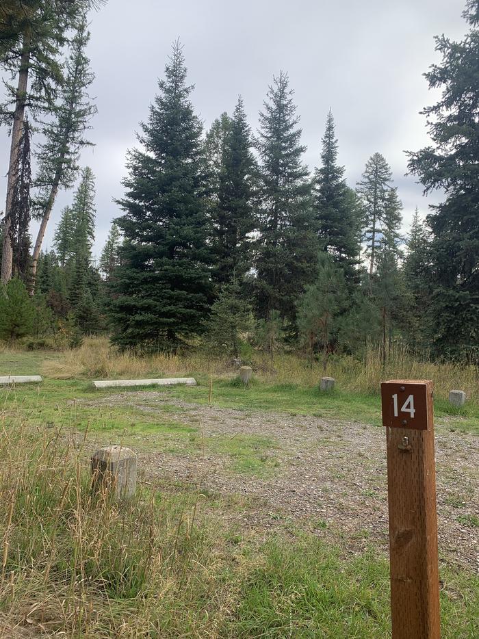 A photo of Site BLS14 in Loop 2 at Big Larch Campground with campsite marker, parking area.A photo of Site BLS14 in Loop 2 at Big Larch Campground with campsite marker, parking area. 