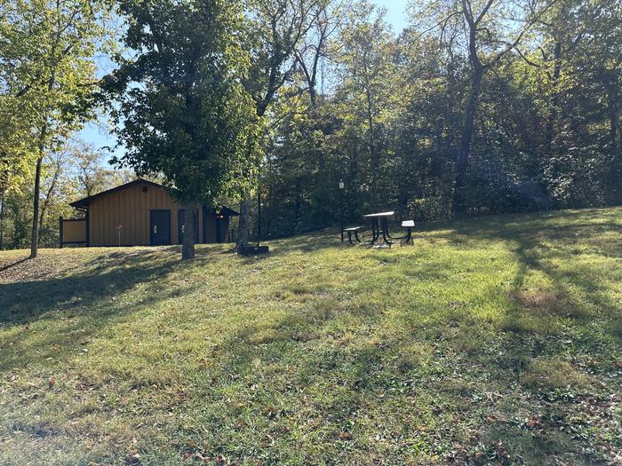 A photo of Site 008 of Loop Sites 1-12 at TWO RIVERS with Picnic Table, Fire Pit, Lantern Pole