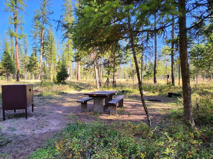 A photo of Big Larch Bike Site 2 (BLBS2) in Loop 1 at Big Larch Campground with picnic table, campfire ring, and food storage locker. 