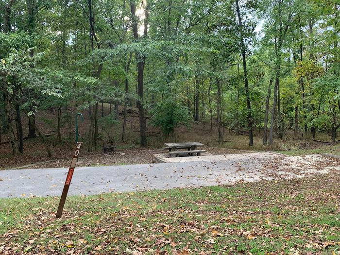 This site has a picnic table and fire pit on the left side of the paved pads. The hookups for this site are located to the right rear side of the paved parking pad. This site is near the waters edge and has an additional pad for camping supplies. 