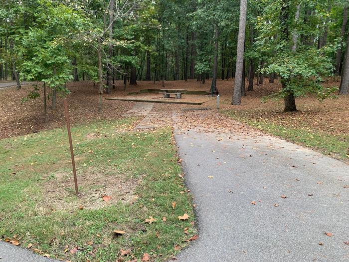 This site has a picnic table and fire pit located to the left side of the paved parking/camping pad. The electrical hookup is on the right. 