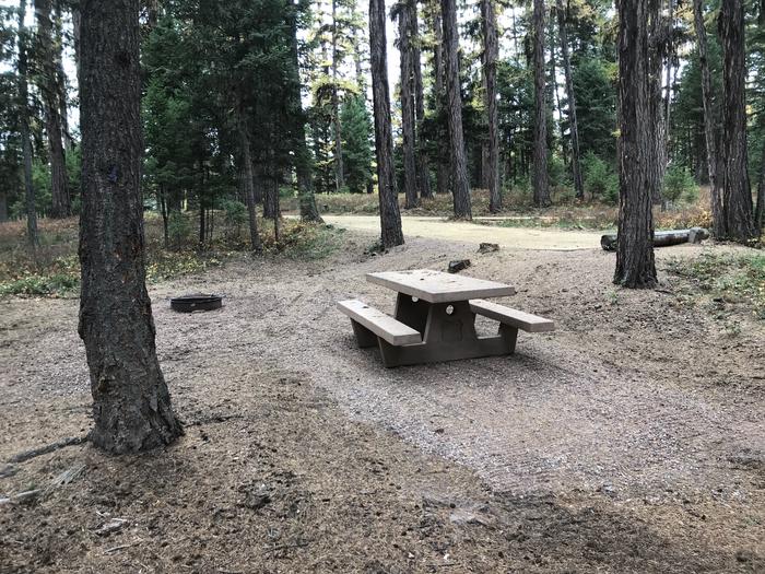 A photo of Site SLS2 in Loop 1 at Seeley Lake Lolo Campground (MT) with picnic table, campfire ring. 