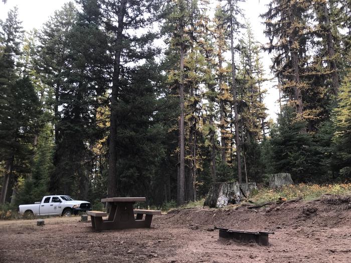 A photo of Site SLS1 in Loop 1 at Seeley Lake Lolo Campground (MT) with picnic table, campfire ring. 