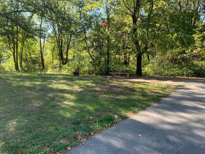 picnic table and fire pit located to the left of camp pad, electric and extra parking to the right of pad. located near bathroom