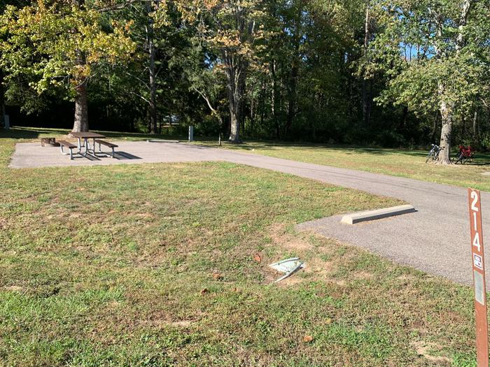 picnic table, fire pit, and extra parking to the left of camp pad, electric to the right of pad.