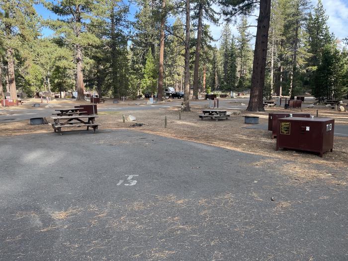 RV site 23 situated under tall evergreen trees with paved parking pad and fire ring. No pets banner.A photo of Site Tent 13 of Loop Outer Camp Loop at Meeks Bay Resort with Picnic Table, Fire Pit, Shade, Food Storage, Tent Pad