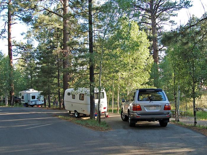 Small trailers parked at campsites in the North Rim CampgroundSmall trailers are a good fit at the North Rim Campground