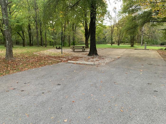 picnic table, fire pit, and extra parking located to the left of camp pad, electric, water,and sewer to the right of pad.