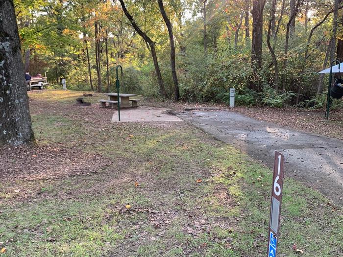 picnic table and fire pit to the left of camp pad, electric to the right of pad.