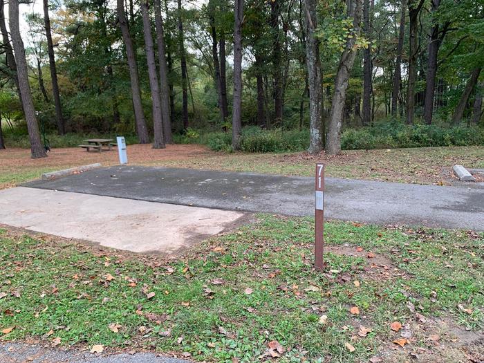 picnic table and fire pit to the left of camp pad, electric and extra parking to the right of pad.