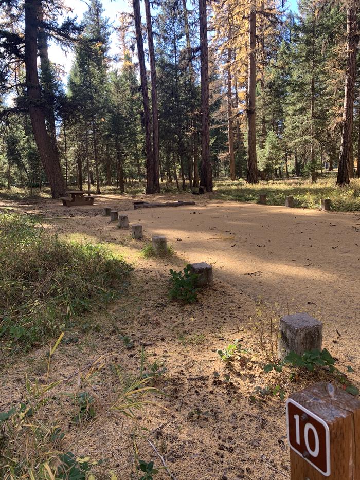 A photo of Site SLS10 in Loop 1  at Seeley Lake Lolo Campground (MT) with campsite marker, parking area. 