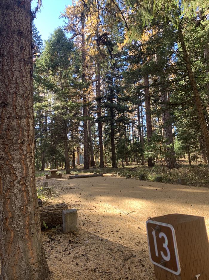 A photo of Site SLS13 in Loop 1  at Seeley Lake Lolo Campground (MT) with campsite marker, parking area, picnic table.A photo of Site SLS13 in Loop 1 at Seeley Lake Lolo Campground (MT) with campsite marker, parking area, picnic table. 