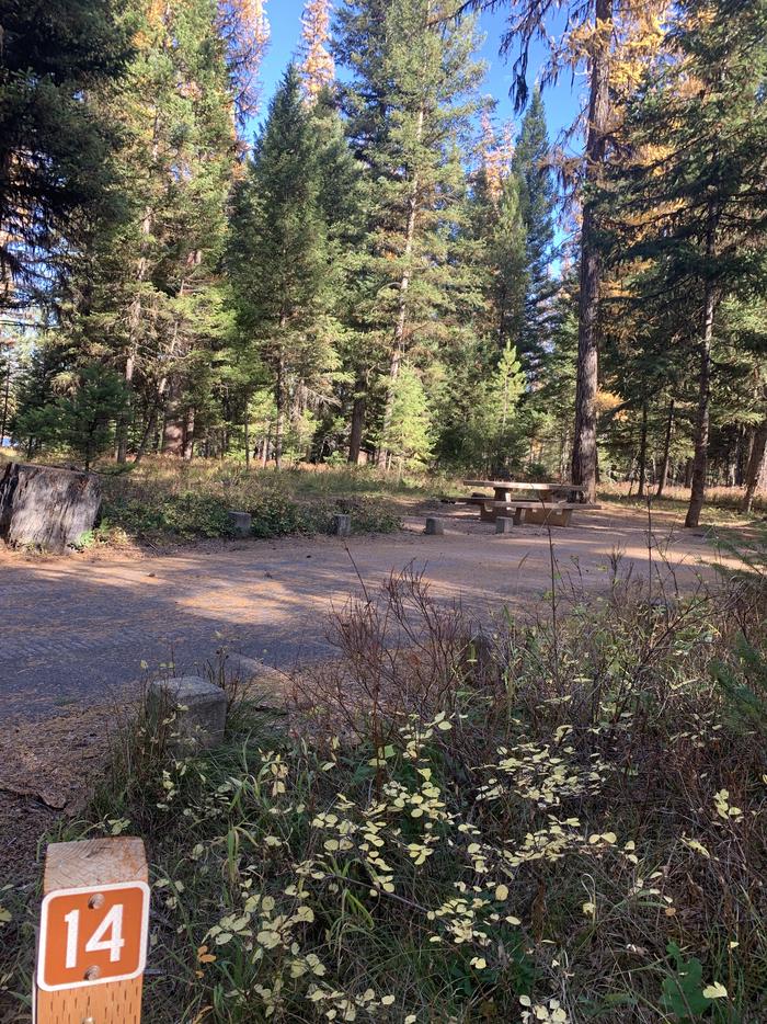 A photo of Site SLS14 in Loop 2 at Seeley Lake Lolo Campground (MT) with campsite marker, parking area. 