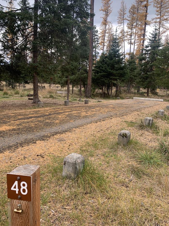 A photo of Site BLS48 of Loop 3 at Big Larch Campground with campsite marker, parking area. 