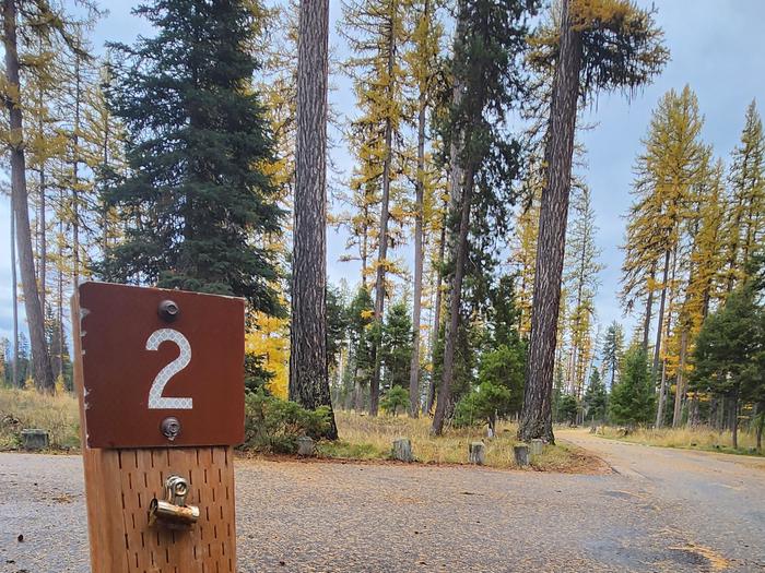 A photo of BLS02 in Loop 1 at Big Larch Campground with campsite marker, parking area.