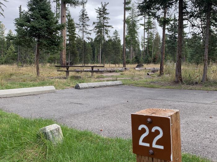 A photo of Site BLS22 in Loop 2 at Big Larch Campground with campsite marker, parking area. 