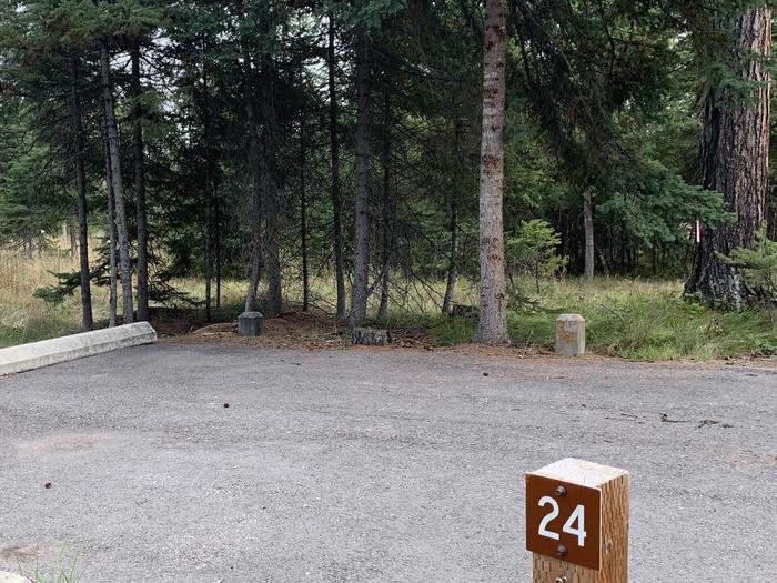 A photo of BLS24 in Loop 2 at Big Larch Campground with campsite marker, parking area. 