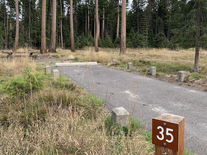 A photo of Site BLS35 in Loop 3 at Big Larch Campground with campsite marker, parking area. 