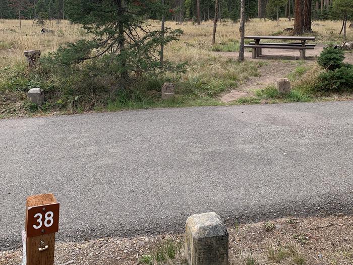 A photo of Site BLS38 in Loop 3 at Big Larch Campground with campsite marker, parking area. 