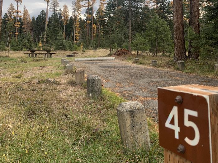 A photo of Site BLS45 in Loop 3 at Big Larch Campground with campsite marker, parking area. A photo of Site BLS45 in Loop 3 at Big Larch Campground with campsite marker, parking area.
