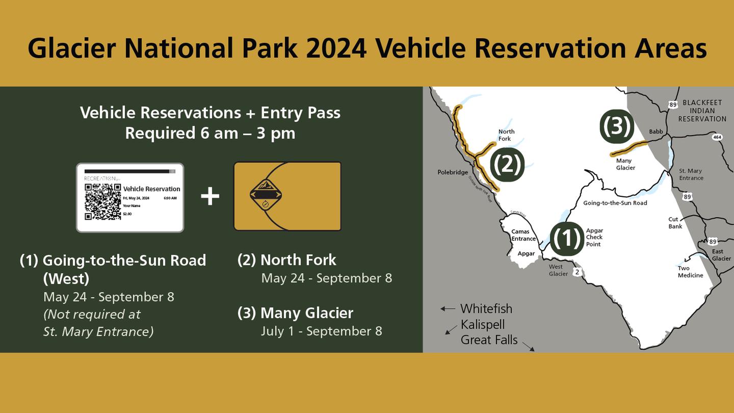 Glacier National Park 2024 Vehicle Reservation Areas. Map with reservation areas highlighted.Glacier National Park 2024 Vehicle Reservation Areas.