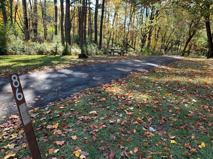 This site has a view of the lake with the picnic table and fire pit located on the left side of the paved parking/camping pad and the hookups are located to the right of the pad. 