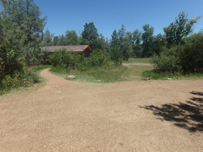 Group Site 25 has a picnic shelter located a short distance from the gravel pad.