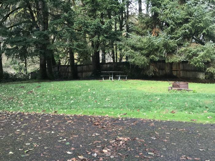Campsite within grassy landscape neighboring wooden fence line. Includes paved parking, fire pit, and picnic bench.Campsite 14 within Blackberry Campground. Includes paved parking, fire pit, and picnic bench.