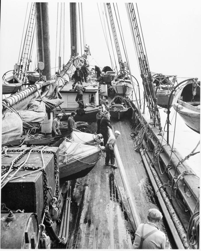 CA Thayer as a fishing schooner with dories and equipment on deck and sails down CA Thayer as a fishing vessel