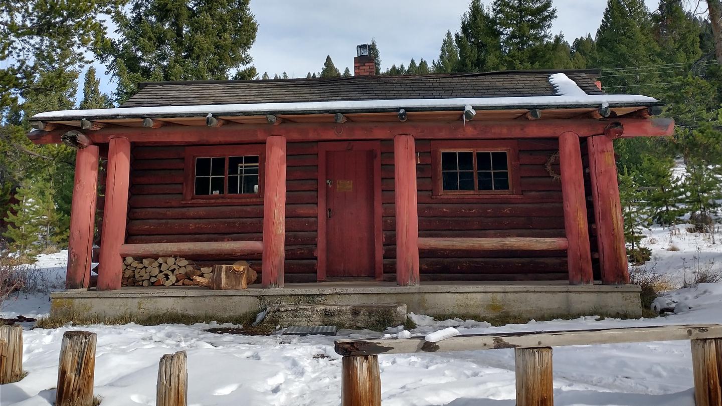 Front View of High Rye Cabin,  Red Cabin with snow on groundHigh Rye Cabin, Front Door