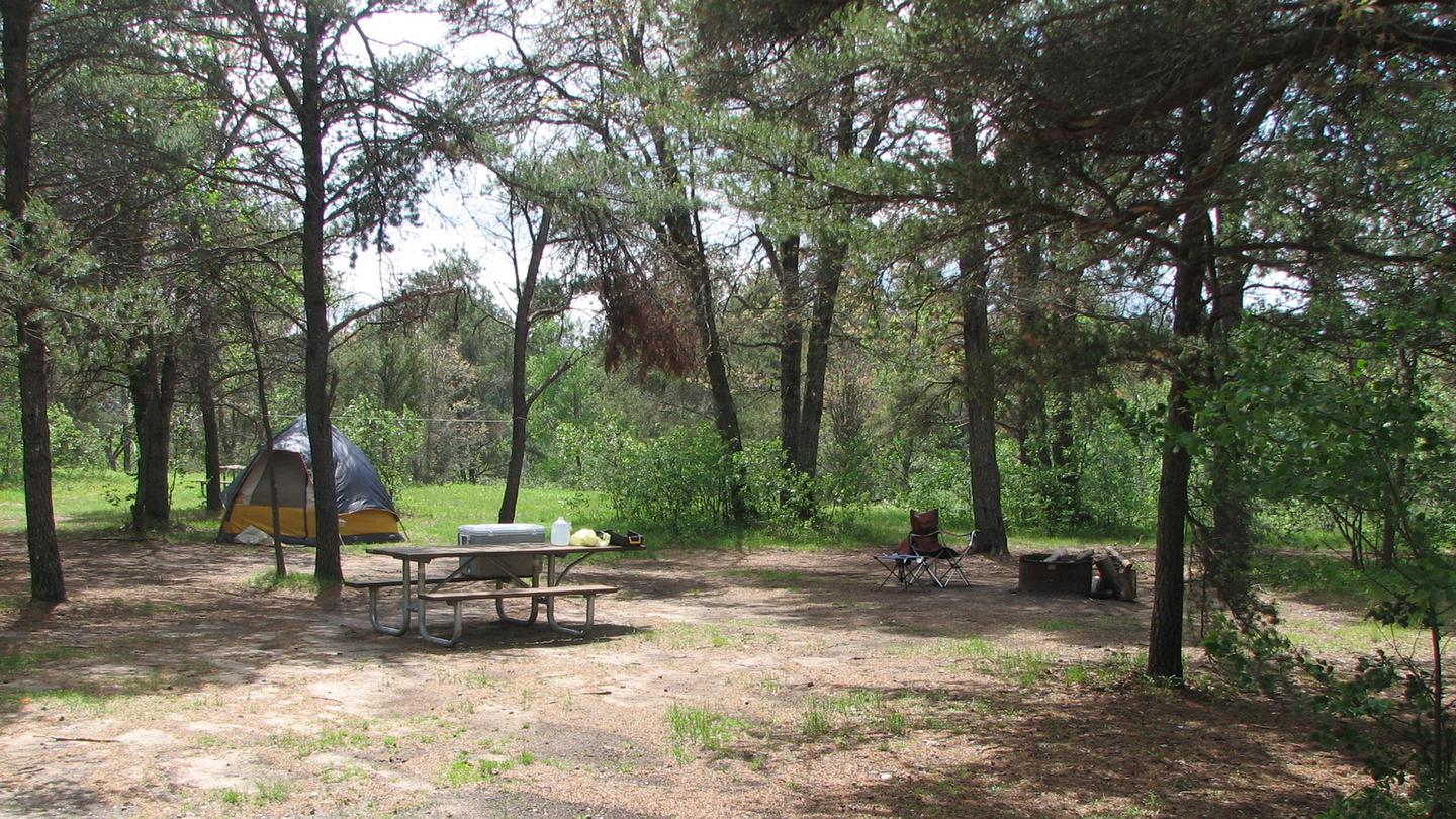A campsite with a tent set up on it in the Meadows ORV Campground. Meadows ORV Campground site # X set up for use.