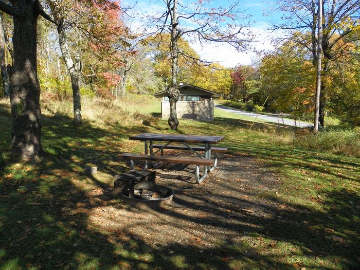Site A60 - close to restroomSite has a driveway, tent pad, picnic table, and fire pit. 
