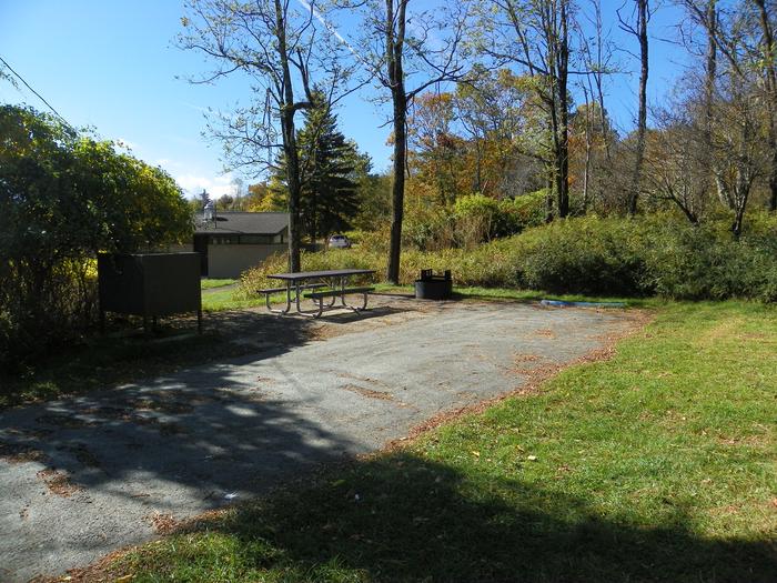 B111 AccessibleAccessible campsite has a driveway, tent pad, extended picnic table, raised fire pit, and food storage box. 